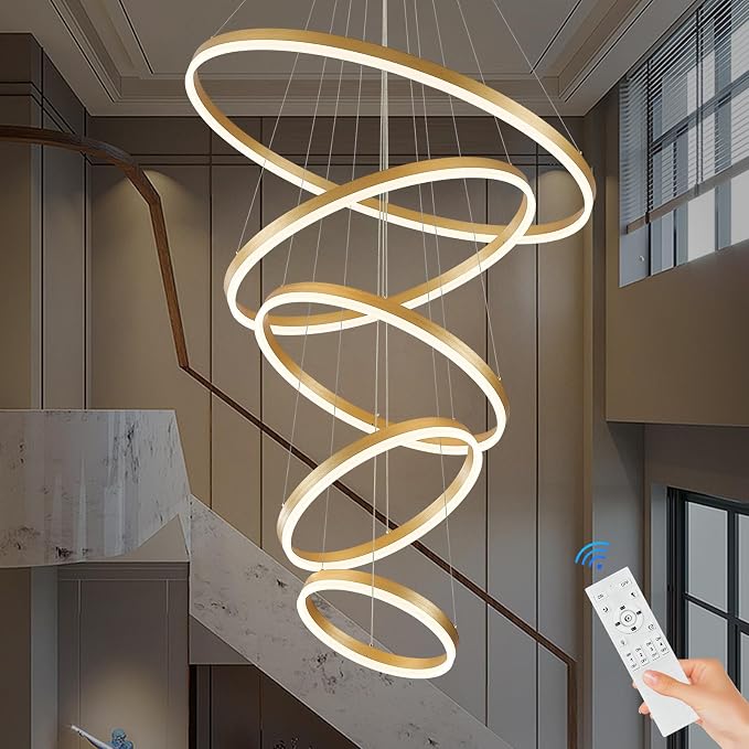 5-Rings D31.5in Modern LED Chandelier Gold Dimmable High Ceiling Chandeliers by Sparklelf