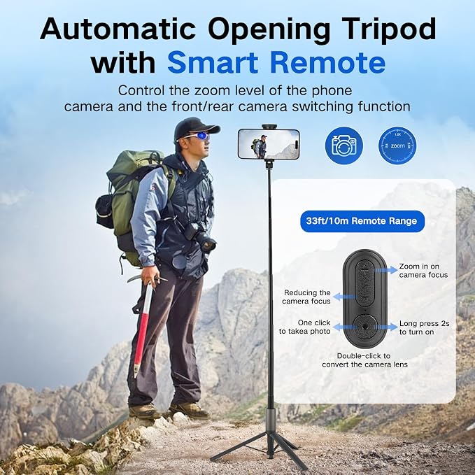 62 inch Selfie Stick Tripod for iPhone, Auto-Open Phone Tripod Stand - Image 2