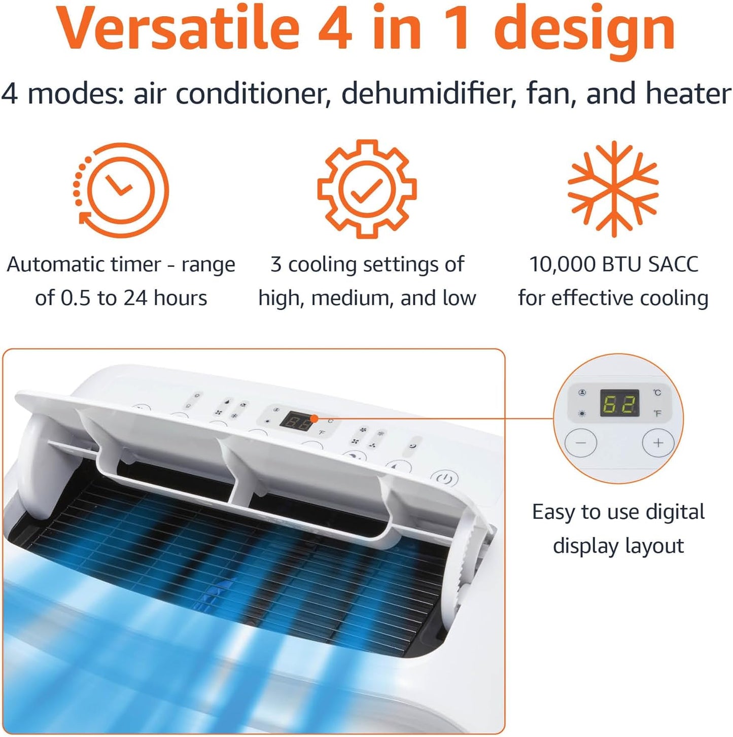 Amazon Basics 4-In-1 Portable Air Conditioner, 13500 BTU (ASHRAE), Cools Up to 550 Sqf, Portable AC with Cool/Heat/Dry (Dehumidifier)/Fan-Only Functions, Auto Mode, Sleep Mode, Timer, White