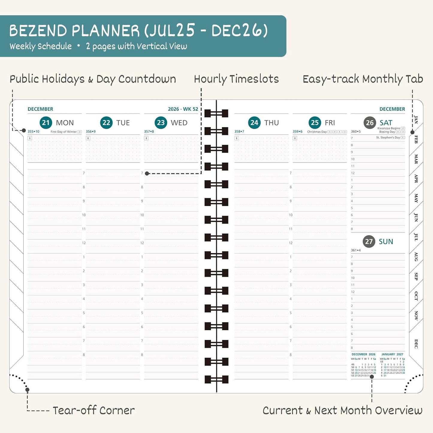 BEZEND Planner 2025-2026 Weekly and Monthly, 8.5" x 11" Academic Calendar (Jul 25-Dec 26) Vertical Daily Appointment with Hourly Timeslot & Monthly Tab, Spiral, PU Leather Softcover - Black