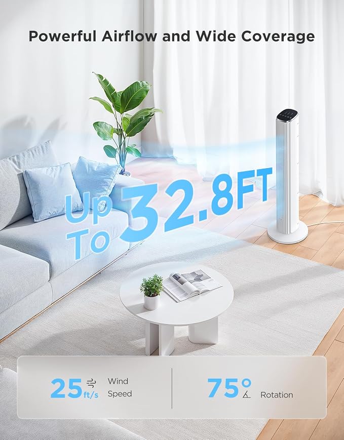 GoveeLife White Tower Fan for Bedroom, Temperature Sensor, 5 Modes 8 Speeds - Image 3