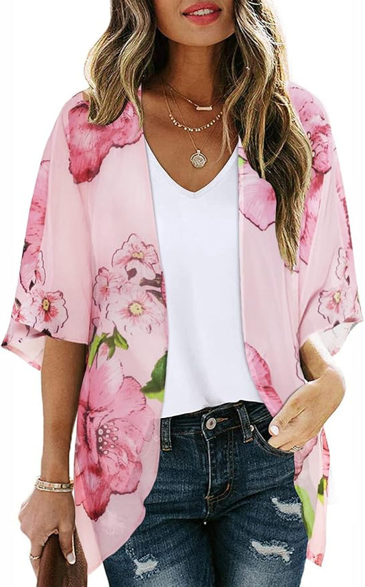 Women's Floral Print Puff Sleeve Kimono Cardigan Loose Cover Up Casual Blouse by CHICGAL