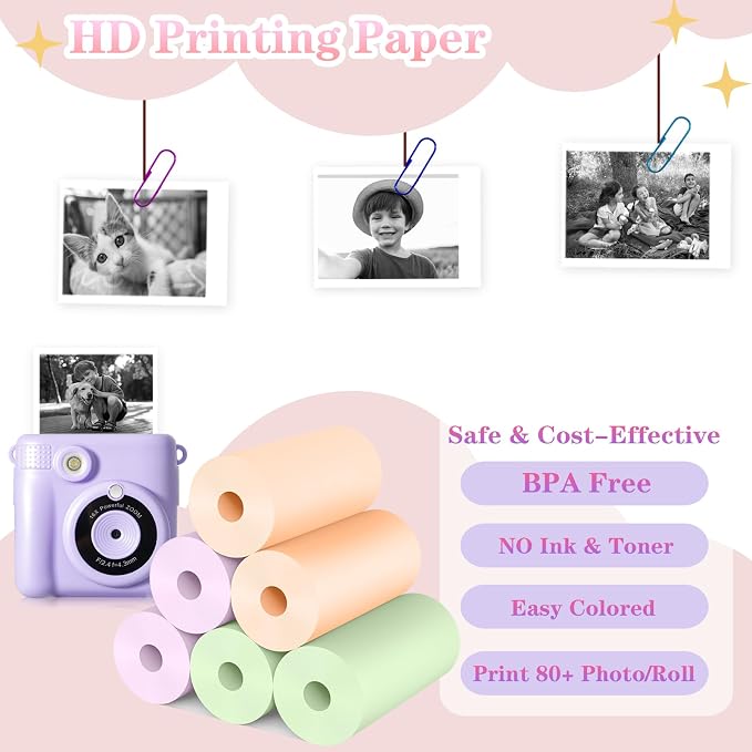 6 Rolls Kids Camera Instant Print Refill Paper Set, Phetium HD Printing Thermal - Image 2