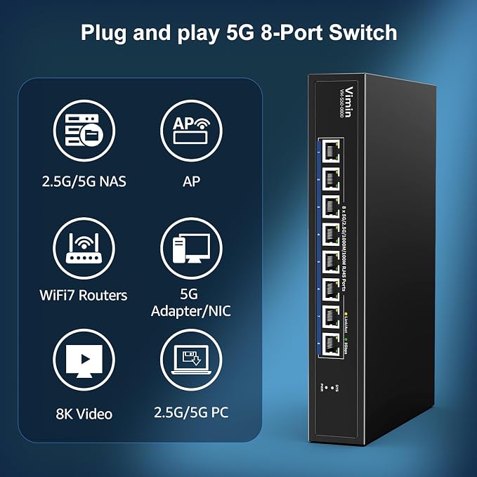 8 Port 5G Ethernet Switch, 5Gbe-RJ45 Port Network Switch Unmanaged Support - Image 4