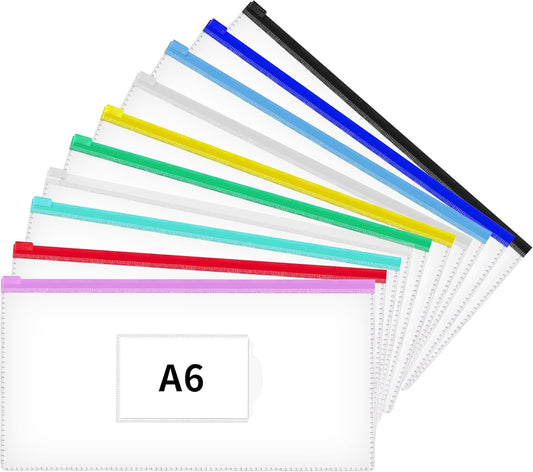 JARLINK 10 Pcs Poly Zip Envelope, A6 Size (9 x 4.7in) Plastic Zipper Pouches with Label Pocket, 10 Colors, Reusable Clear Pencil Bags for School and Office Supplies