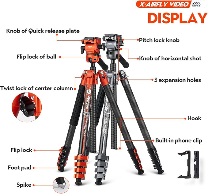 Fotopro X-Airfly Video 64.5 Inch Lightweight Travel Camera Tripod - Image 7