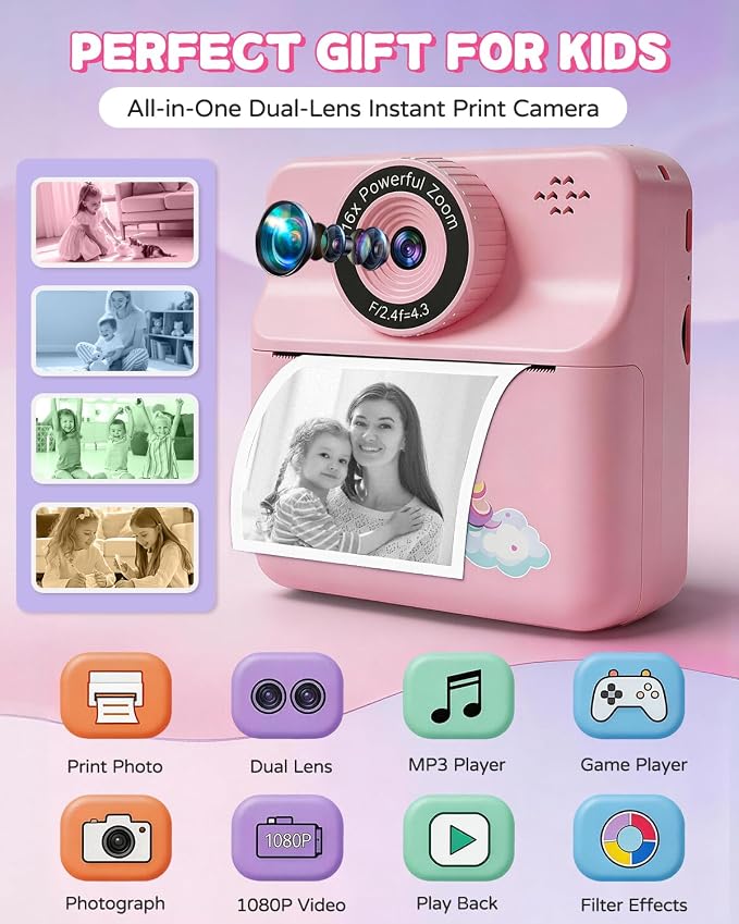 Kids Camera Instant Print with Carrying Case, Digital Selfie Camera with 6 - Image 2