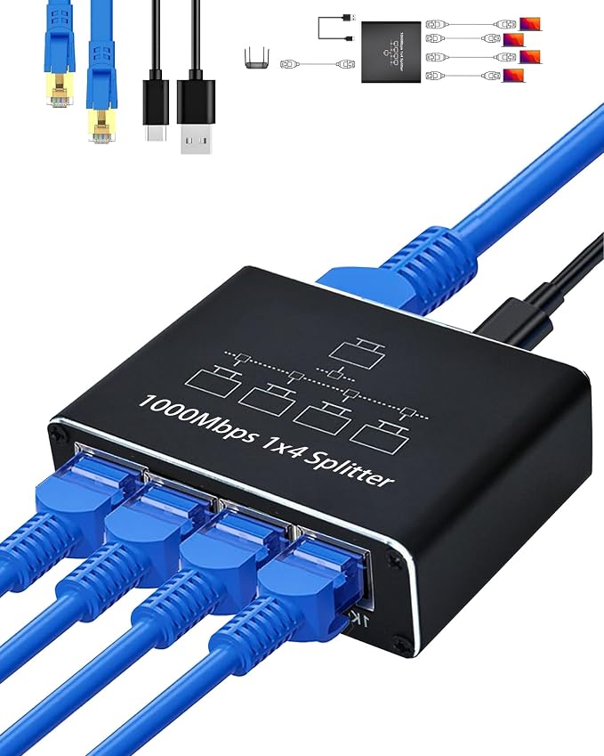 LIEZHUA Ethernet Splitter 1 to 4, 1000Mbps High Speed Ethernet Cable Splitter by LIEZHUA