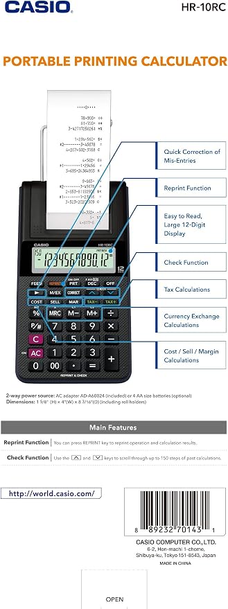 Casio HR-10RC Mini Desktop Printing Calculator | Portable | 12-Digit Display | - Image 5
