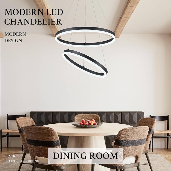 Modern LED Chandelier Black 2-Rings Pendant Light Circular Flush Mount Ceiling - Image 3