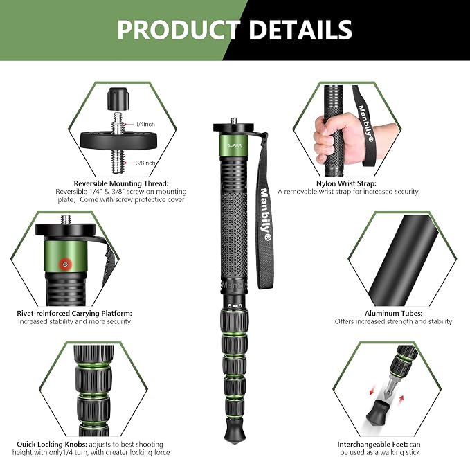 Manbily Camera Monopod Aluminum Portable Compact Lightweight Travel Monopod - Image 4