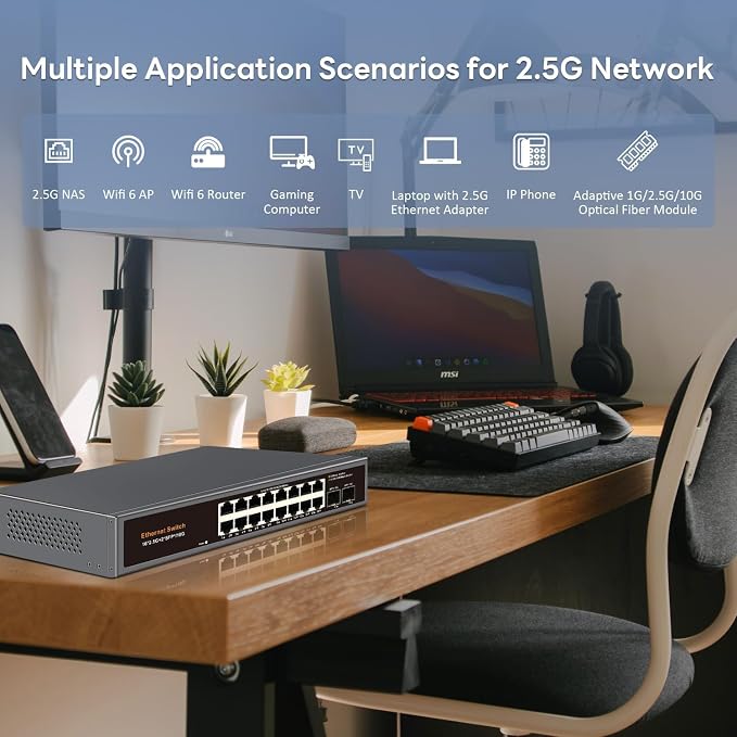 18-Port 2.5G Unmanaged Ethernet Switch, 16×2.5G RJ45 Ports, 2×10G SFP+ Uplink - Image 3