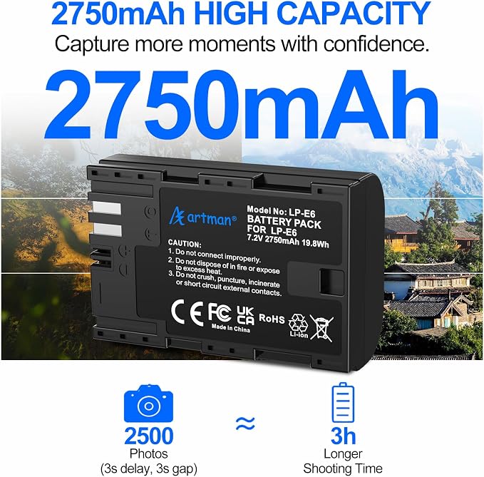 Artman LP-E6N LP-E6 Battery 3-Pack 2750mAh and 3-Slot LCD Charger - Image 2
