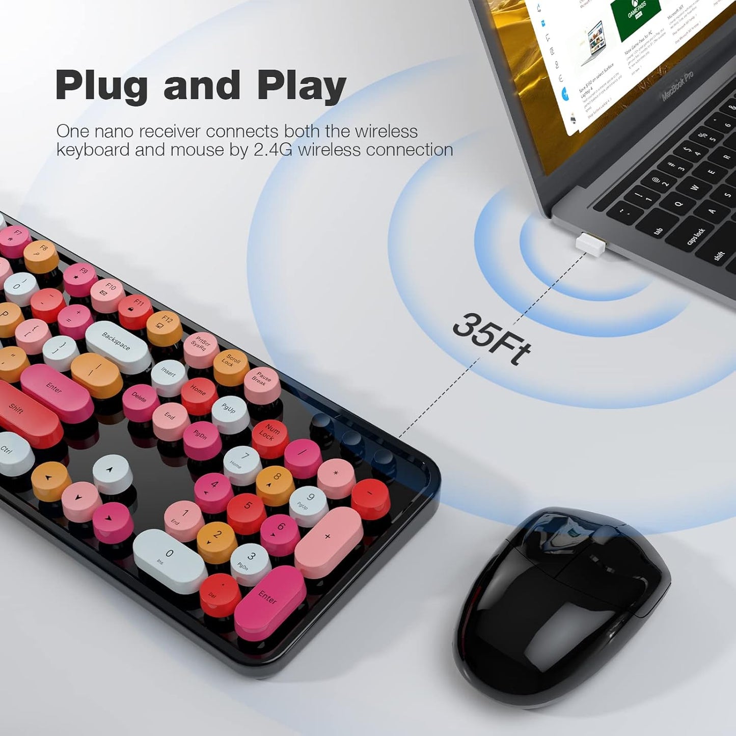 Wireless Keyboard and Mouse Combo, 104 Keys Full-Sized 2.4 GHz Round Keycap Typewriter Keyboards, USB Receiver Plug and Play, for Windows, Computer, PC, Laptop, Desktop (Black Colorful)