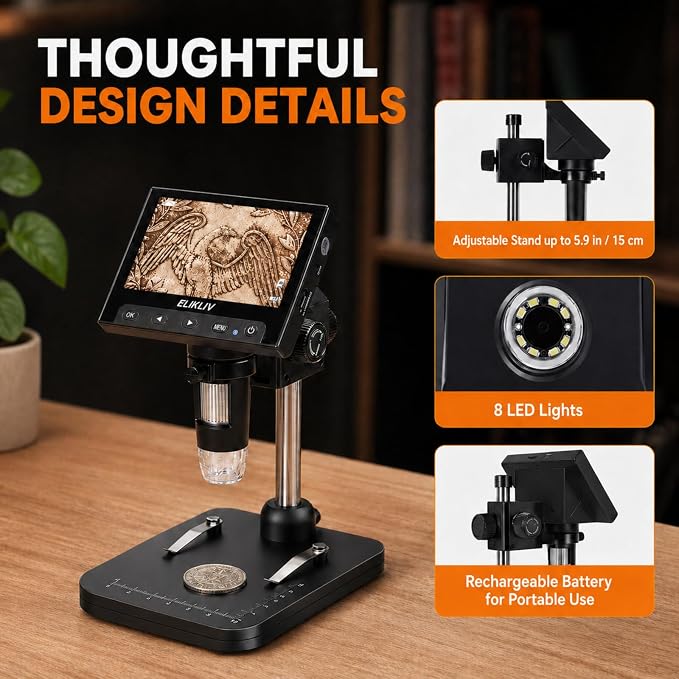 Elikliv Coin Microscope, 4.3'' LCD Digital Microscope 1000x, Coin Magnifier - Image 7