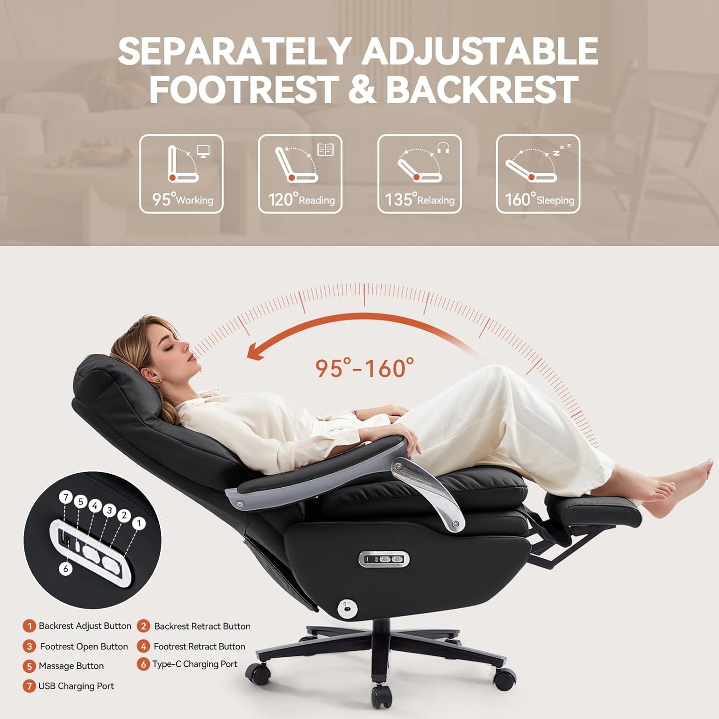 Dual Motor Electric Real Leather Executive Office Chair with Foot Rest, Comfortable Reclining Office Chair with Massage, Big and Tall High Back Comfy Ergonomic Home Office Desk Chairs 400lbs, Black
