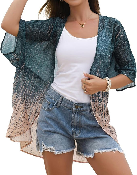 Women's Floral Print Puff Sleeve Kimono Cardigan Loose Cover Up Casual Blouse by CHICGAL