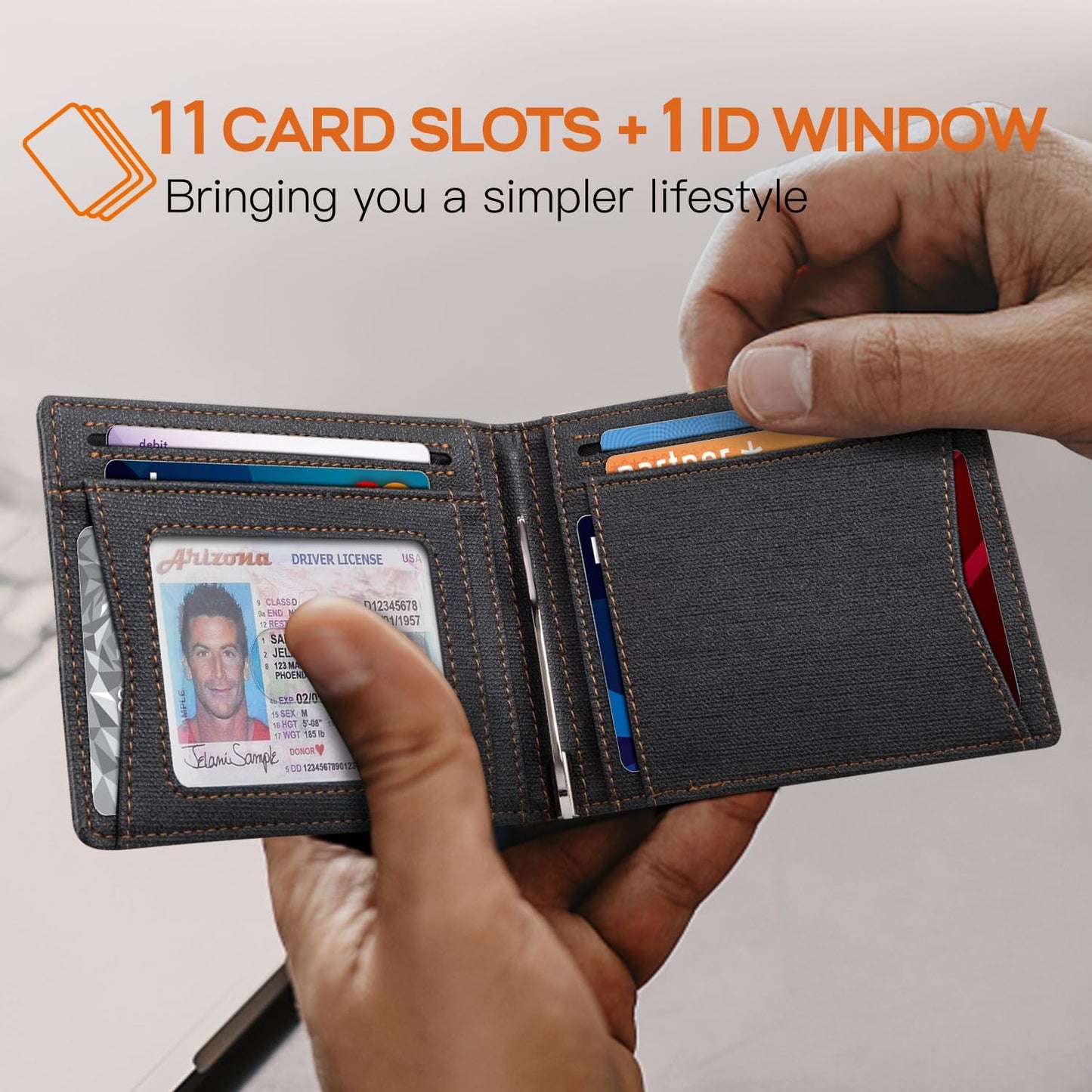 Slim Money Clip Wallets for Men RFID Blocking 11 Card Holder Minimalist Small Thin Carbon Leather Bifold Mens Front Pocket Wallet Gift Box