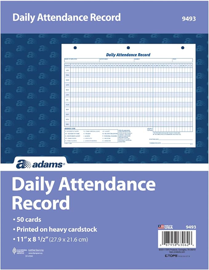 Adams Daily Attendance Record, 8.5 x 11 Inches, 3-Hole Punched - Image 2