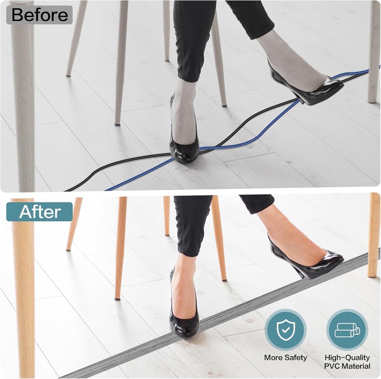 Floor Cord Cover Self Adhesive Cord Hider Floor Extension Cord Covers for Floor Power Cord Protector Cable Management Prevent Cable Trips Cable Cavity 0.59" W x 0.31" H (Light Grey Wood, 20Ft)