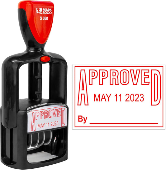 Self-Inking Rubber Date Office Stamp with Approved Phrase - Red Ink - 12-Year Band