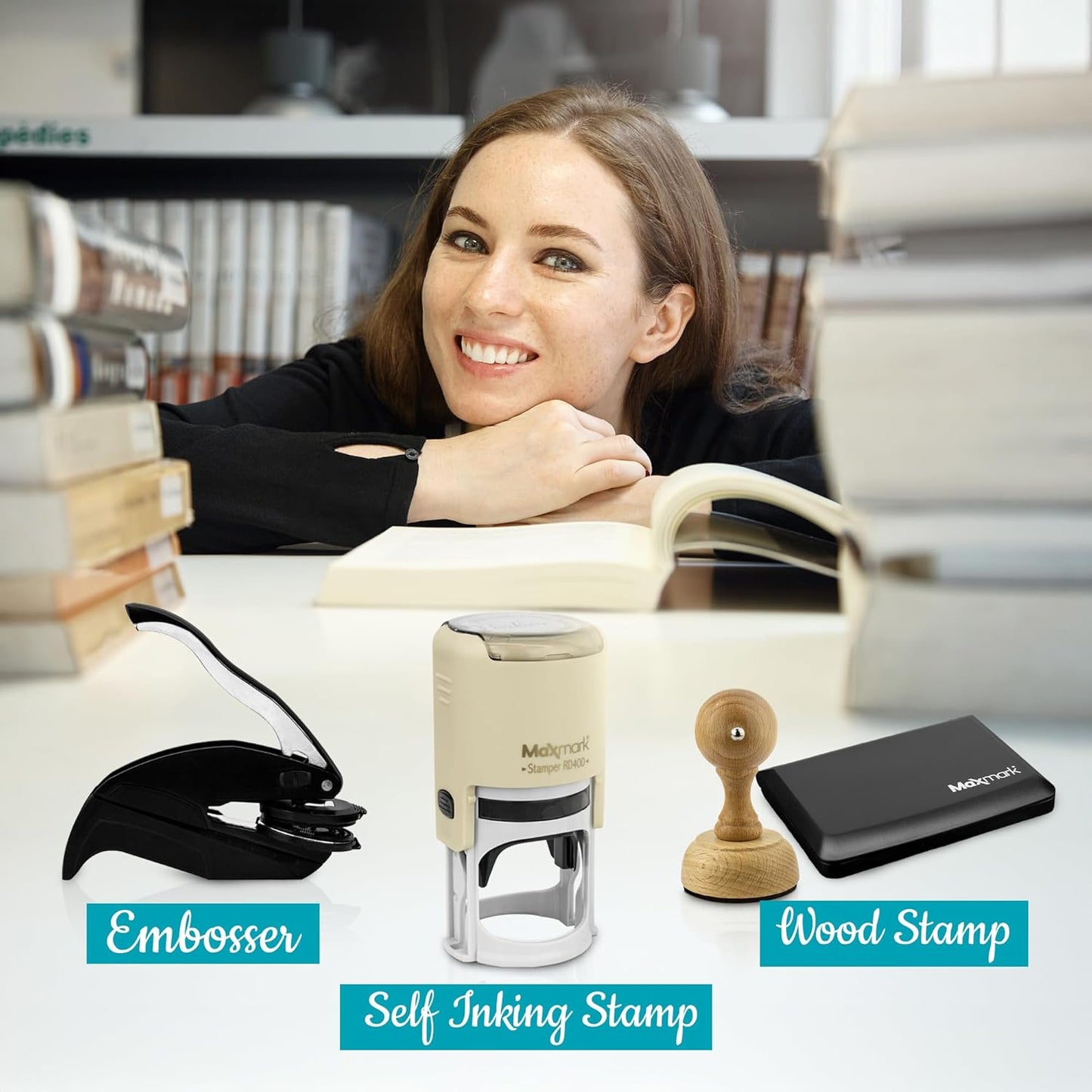Custom Library Embosser - Style 101 - Embosser, Wood Stamp or Self Inking Stamp - Book Embosser Includes 50 Gold Seals - Custom Stamp Seal from The Library of