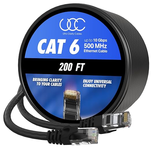 Cat 6 Ethernet Cable 200 ft, 10Gbps High Speed Ethernet Cable, Outdoor&Indoor by UltraClarityCables