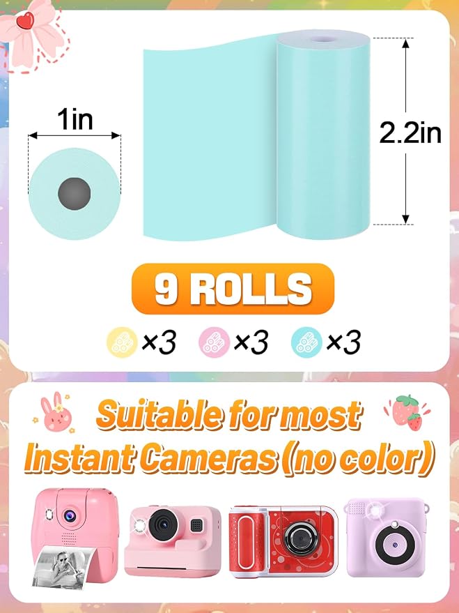 9 Rolls Kids Instant Camera Print Refill Paper- 1''×2.2'' Photo Printer Thermal - Image 6