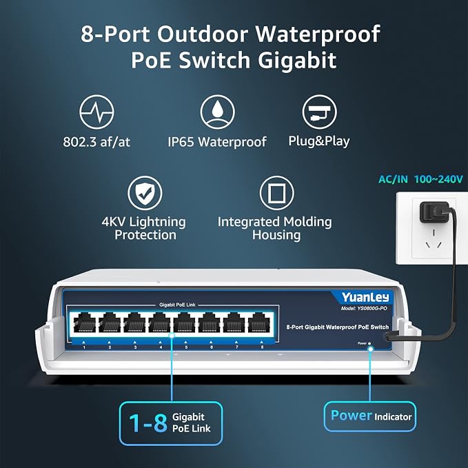 YuanLey 8-Port PoE Switch Gigabit- Waterproof Outdoor Ethernet Unmanaged - Image 2