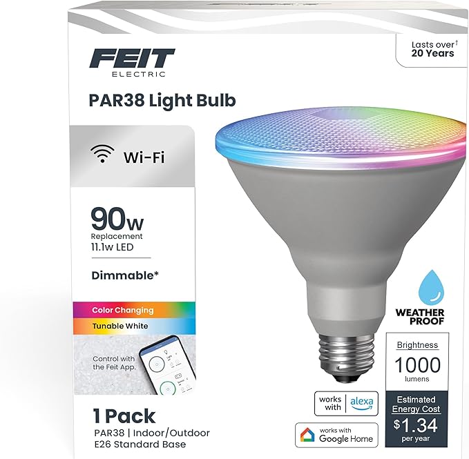 Feit Electric PAR38/RGBW/CA/AG 90 Watt Equiv, 2.4 GHz WiFi Only, No Hub Required by FeitElectricCompany