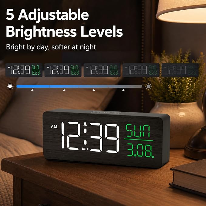 Peakeep Wooden Digital Alarm Clock Large Display, Textured Decoration - Image 4
