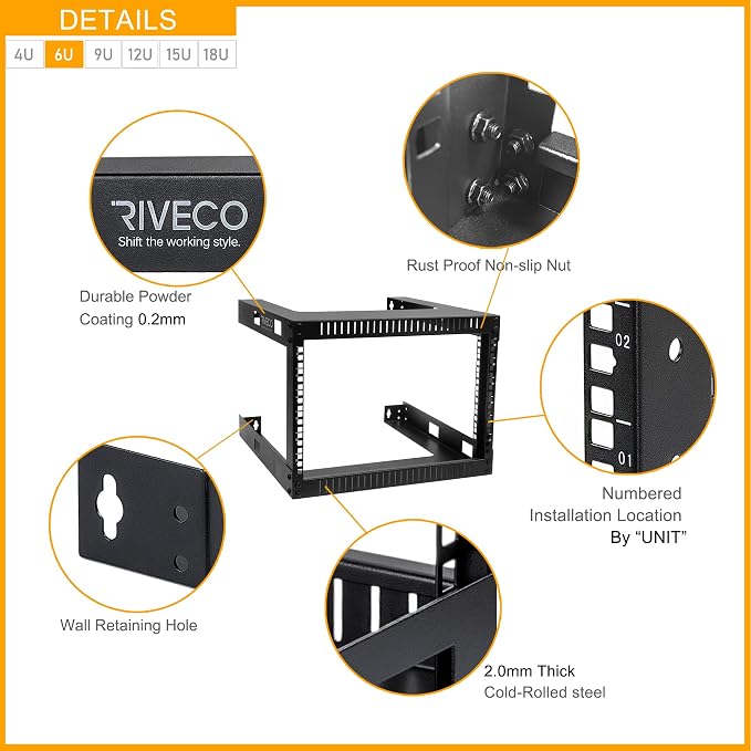 RIVECO 6U 19" Wall Mount Network Rack – 17.7" Deep 2 Post Shelf Open Frame - Image 2