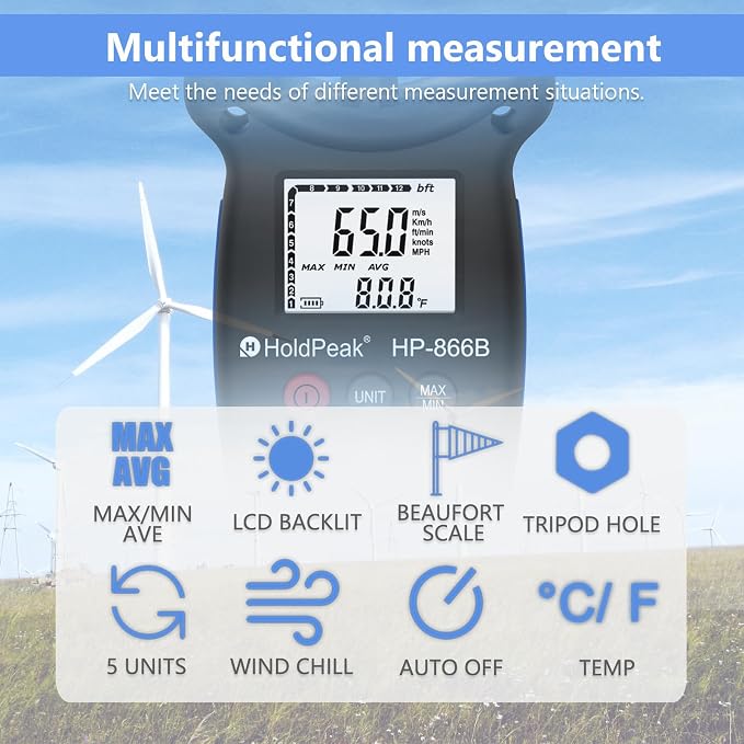 HoldPeak 866B Handheld Anemometer, Digital Wind Speed Gauge Meter, Air Flow - Image 3