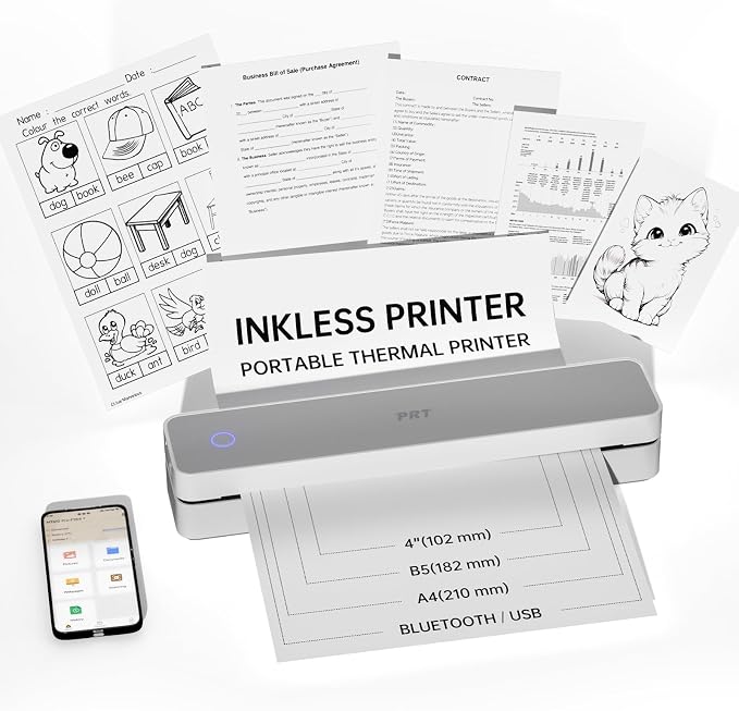 PRT Portable Printer Wireless for Travel, Support 8.5x11 US Letter&A4 Thermal by PRT