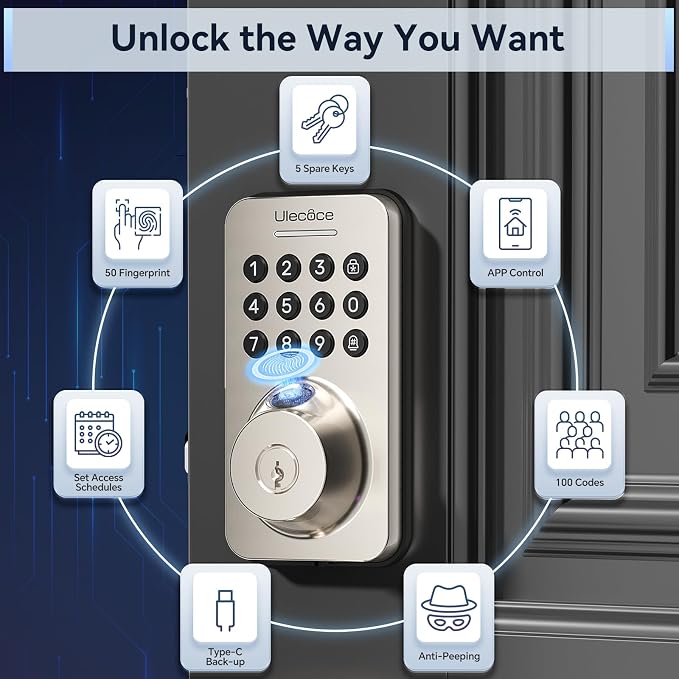 Ulecoce Fingerprint Keypad Deadbolt - Image 2