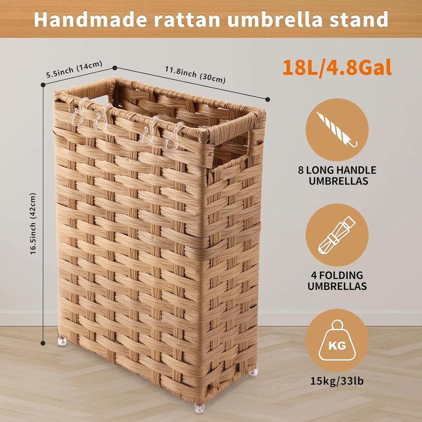 Rattan Umbrella Stand, Umbrella Holder for Entryway, Hand Woven Umbrella Rack Organizer Freestanding, with a Detachable Drip Tray, 4 Hooks, 11.8" L x 5.5" W x 16.5" H