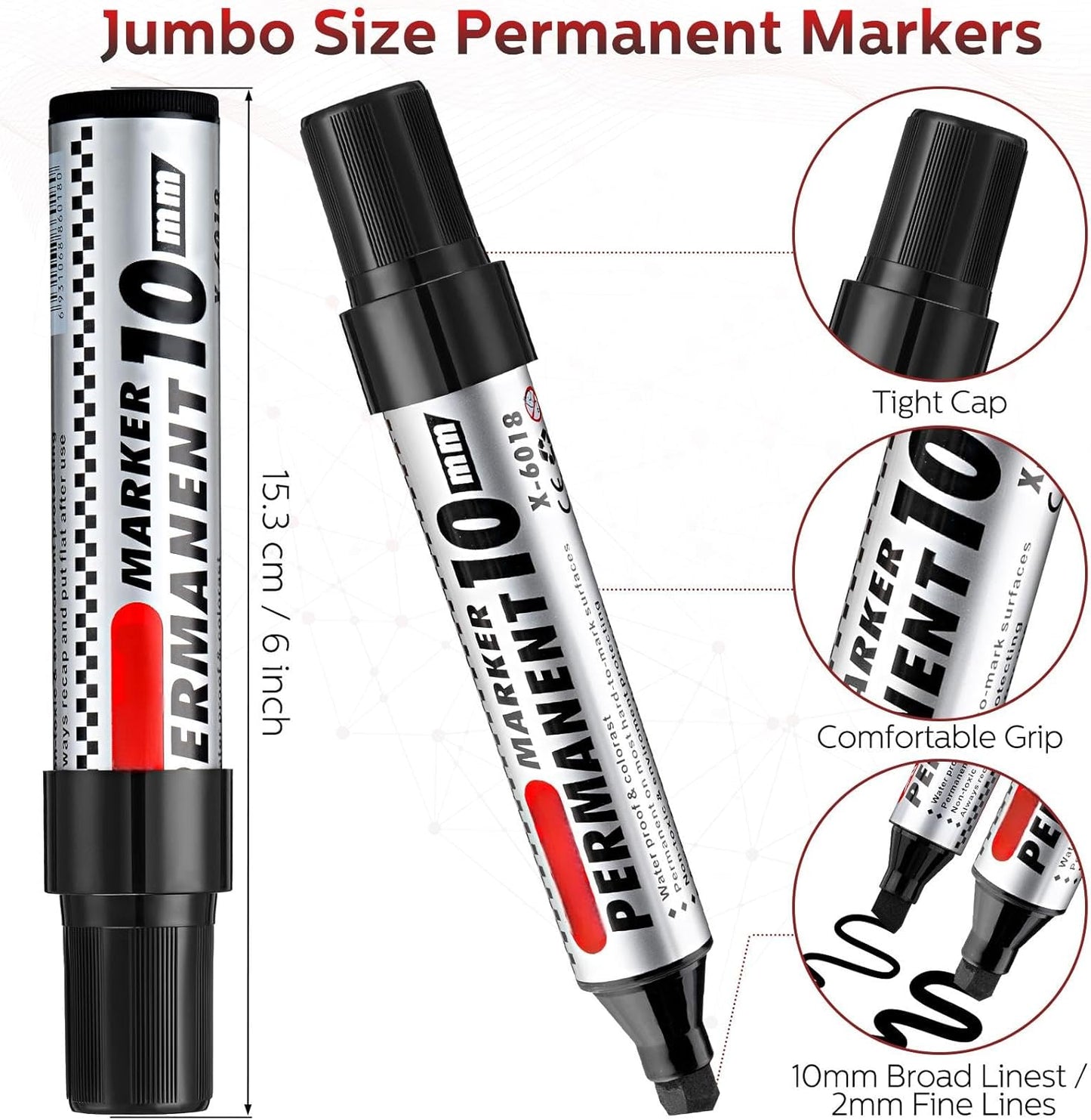 Thenshop 48 Pcs Jumbo Size Permanent Markers Bulk Waterproof Chisel Tip Marker Pens for Industrial Use Work on Wood Metal Plastic Stone Glass(Black)