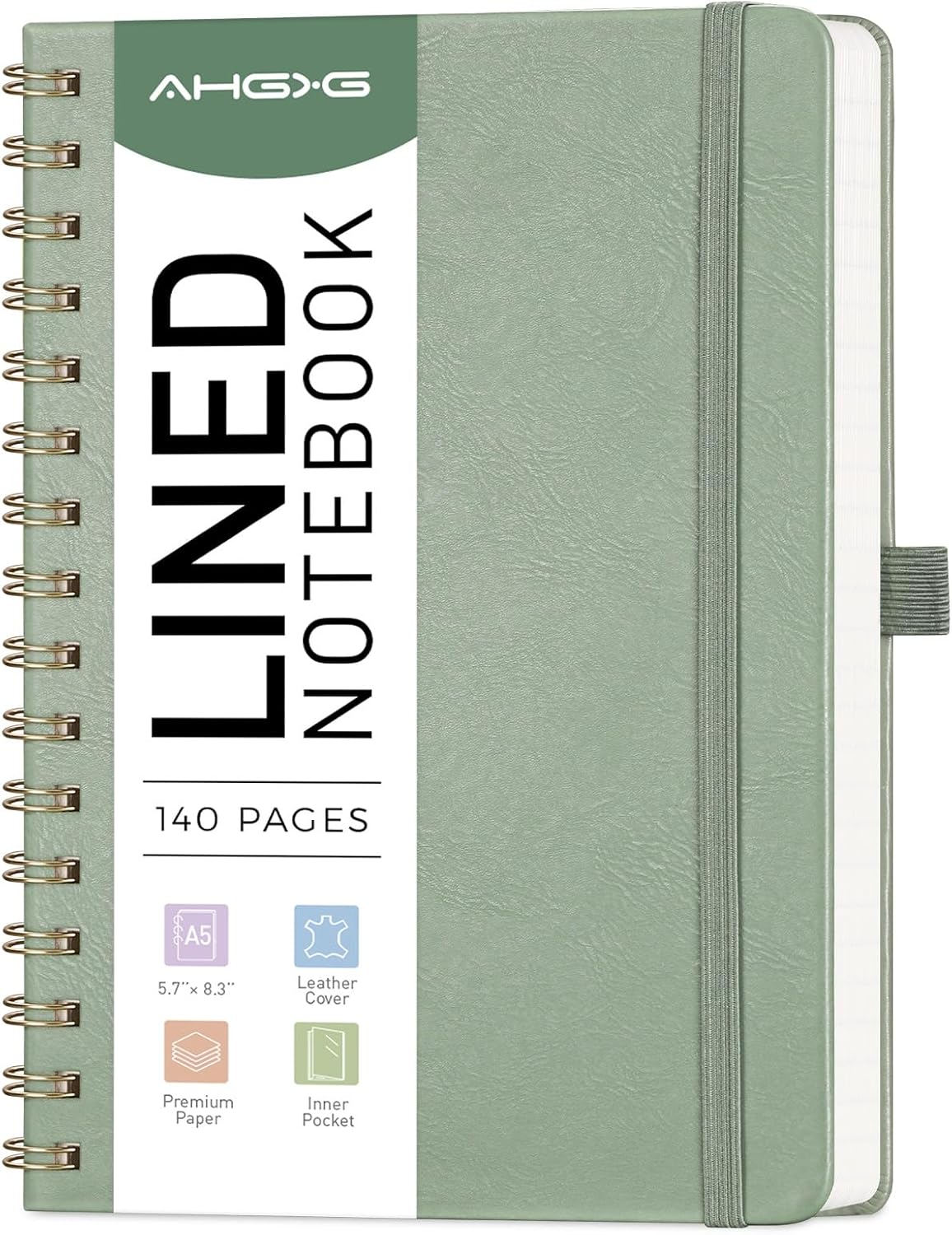 AHGXG Lined Spiral Journal Small Notebook for Women, Notebook College Ruled A5 5.7" X 8.3", 140 Numbered Pages, Hardcover Leather, Meeting Notebook for Work, School Office Supplies, Sage Green