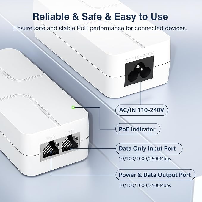 2.5Gb PoE+ Injector 30W, VunLink Single Port Power Over Ethernet Adapter - Image 4