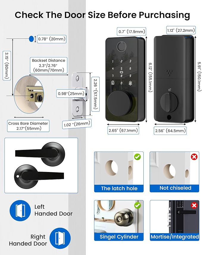 Smart Lock with 2 Lever Handle Set, Fingerprint Keyless Entry Door Lock Front - Image 8