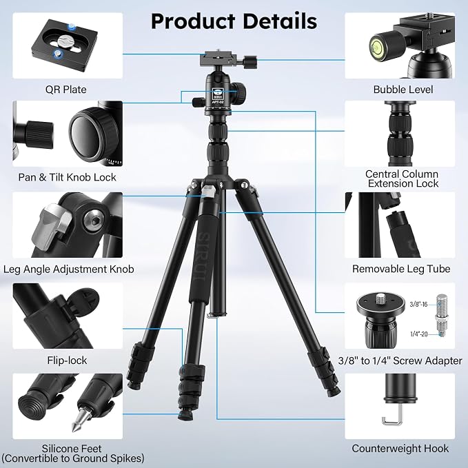 SIRUI Camera Tripod & Monopod Stand, 78.7" Tall Aluminum Detachable Tripod - Image 8