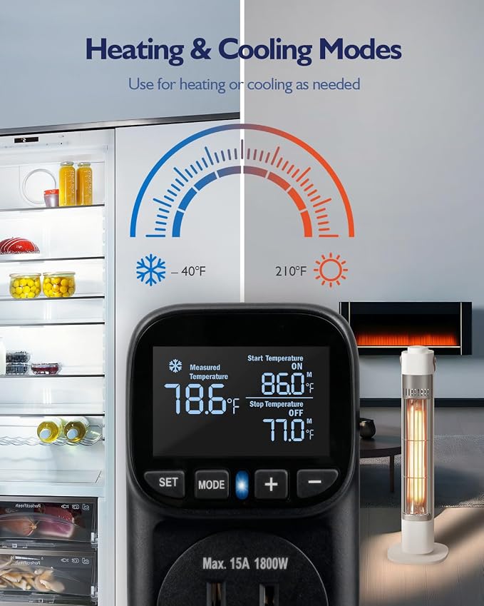 Temperature Controlled Outlet, Heavy Duty 15A 1800W Heating Cooling Thermostat - Image 3