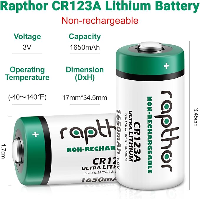 rapthor CR123A Lithium Batteries 3V 12 Pack 1650mAh High Capacity CR123 CR17345 - Image 2