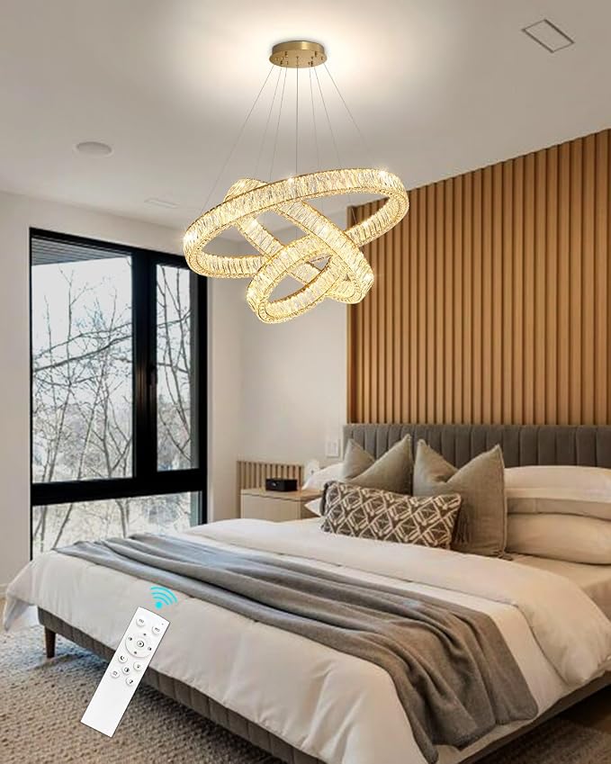 HAIXIANG Modern Glam Chandelier Crystal LED Remote Rings Chandelier Adjustable - Image 8