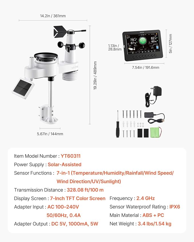 VEVOR 7-in-1 Wi-Fi Weather Station, 7-Inch TFT Display, Wireless Solar Powered - Image 3