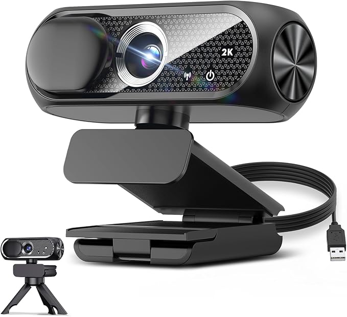 2K Webcam with Rotatable Tripod and Mic, Noise Cancellation, Privacy Cover by Shcngqio