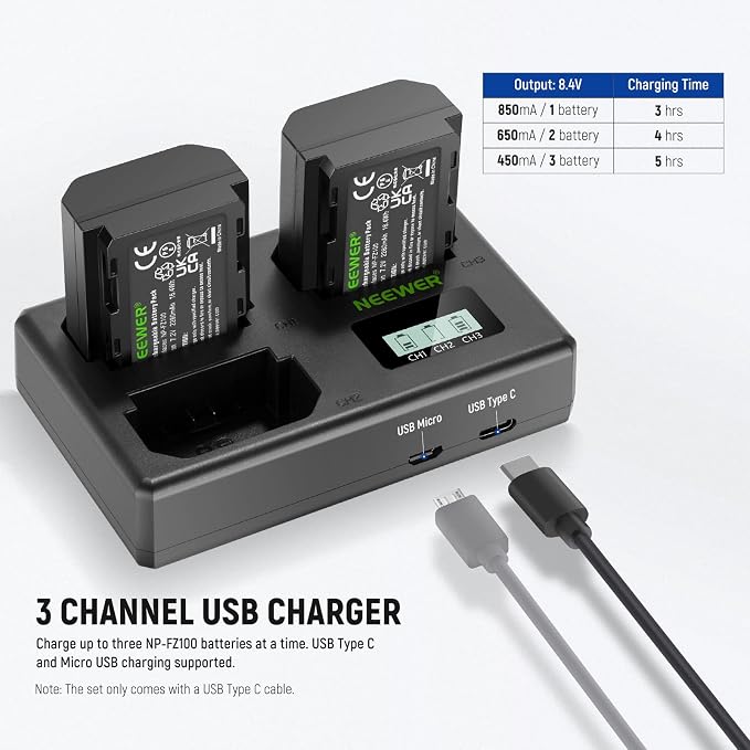 NEEWER NP-FZ100 Replacement Battery and Charger Set, 3 Pack 2280mAh NP-FZ100 - Image 2