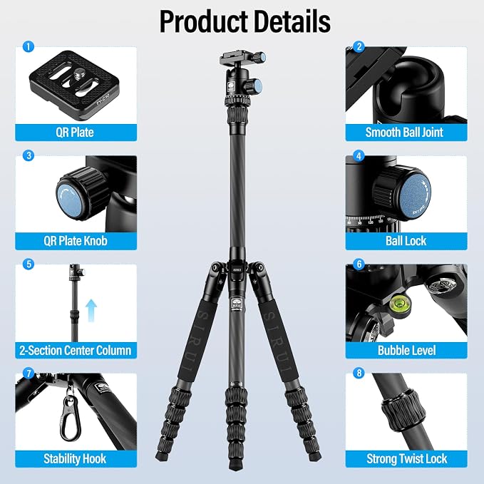 Sirui Compact Traveler 5C Tripod 54.3 inches Lightweight Carbon Fiber Travel - Image 2