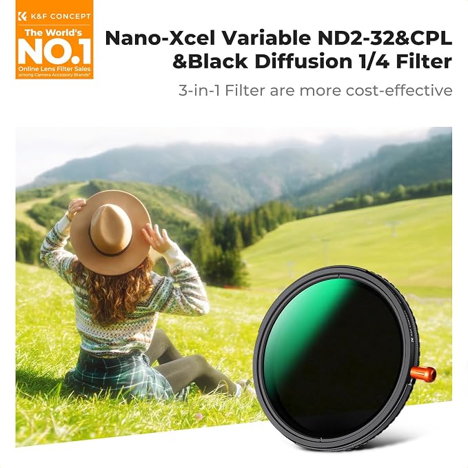 K&F CONCEPT 43mm Black Diffusion Mist Effect 1/4 & Variable ND2-32 & Circular - Image 2
