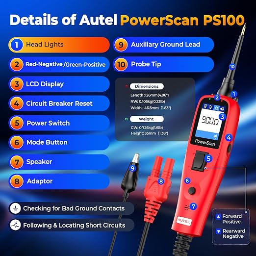 Autel PowerScan PS100 Automotive Circuit Tester 2.0, 12-24V Power Circuit Probe - Image 8